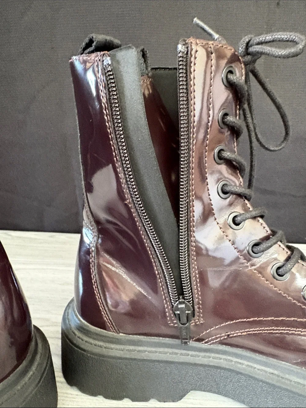 Zara Dark Burgundy Patent Lace-Up Kids Platform Boots